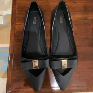 Melissa Black size 10 Maisie II flats with gold bow.